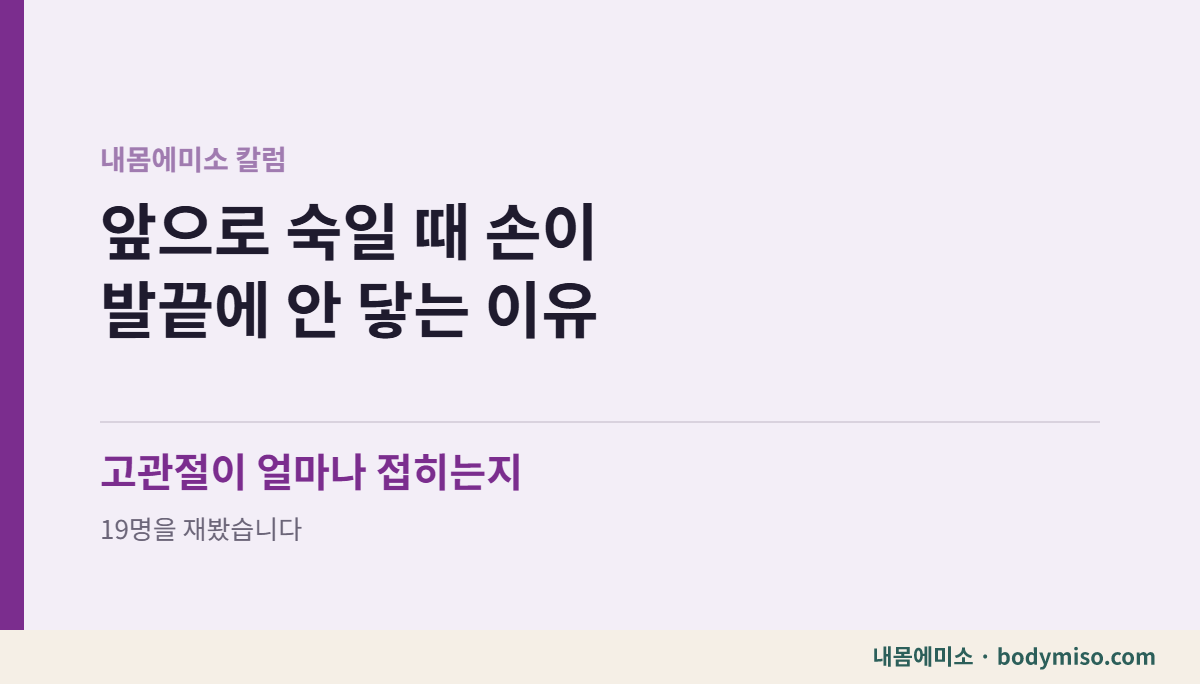 동탄 내몸에미소 칼럼 표지 - 앞으로 숙일 때 손이 발끝에 안 닿는 이유 — 고관절이 얼마나 접히는지 19명을 재봤습니다